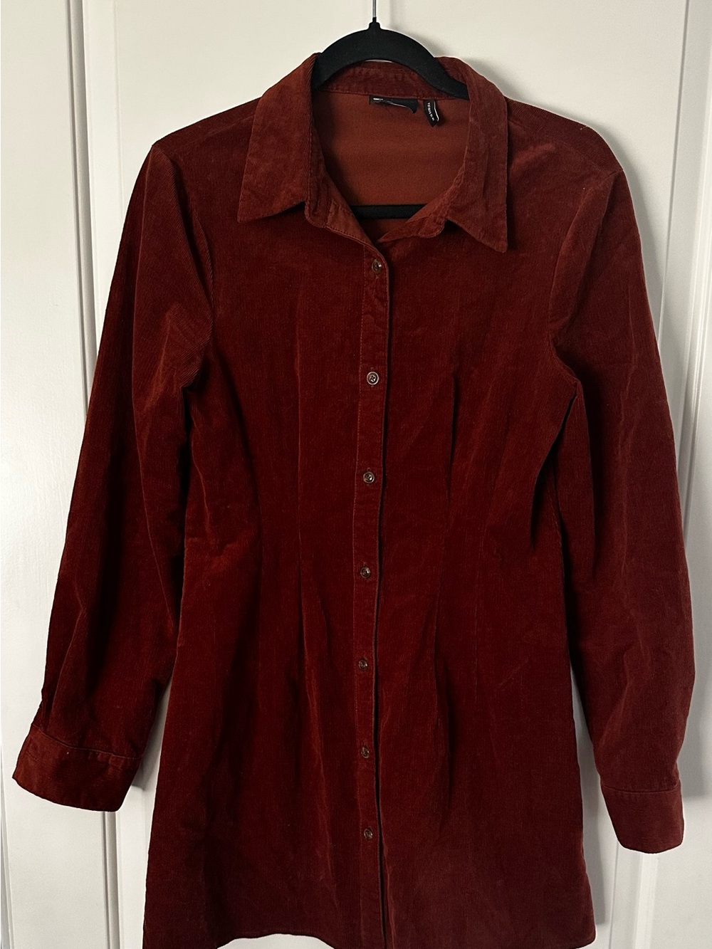 ASOS Long-Sleeve Corduroy Button-Front Dress in Wine Red